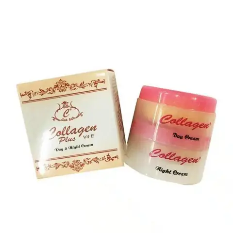 Sleek white RuSu Collagen Day & Night Cream jar with elegant gold cap, angled display.