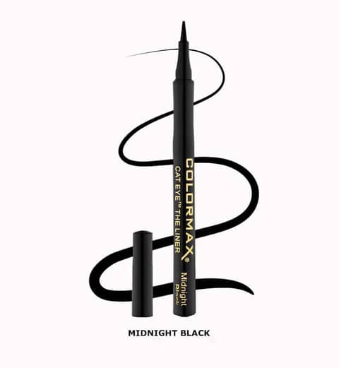 Colormax Cat Eye Liner Midnight Black in sleek black tube with silver lettering, standing upright.