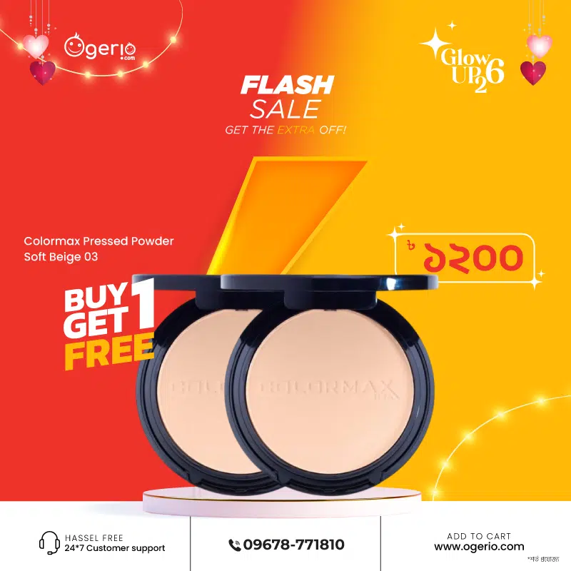 Colormax Soft Beige 03 pressed powder, in a sleek round compact with clear top.