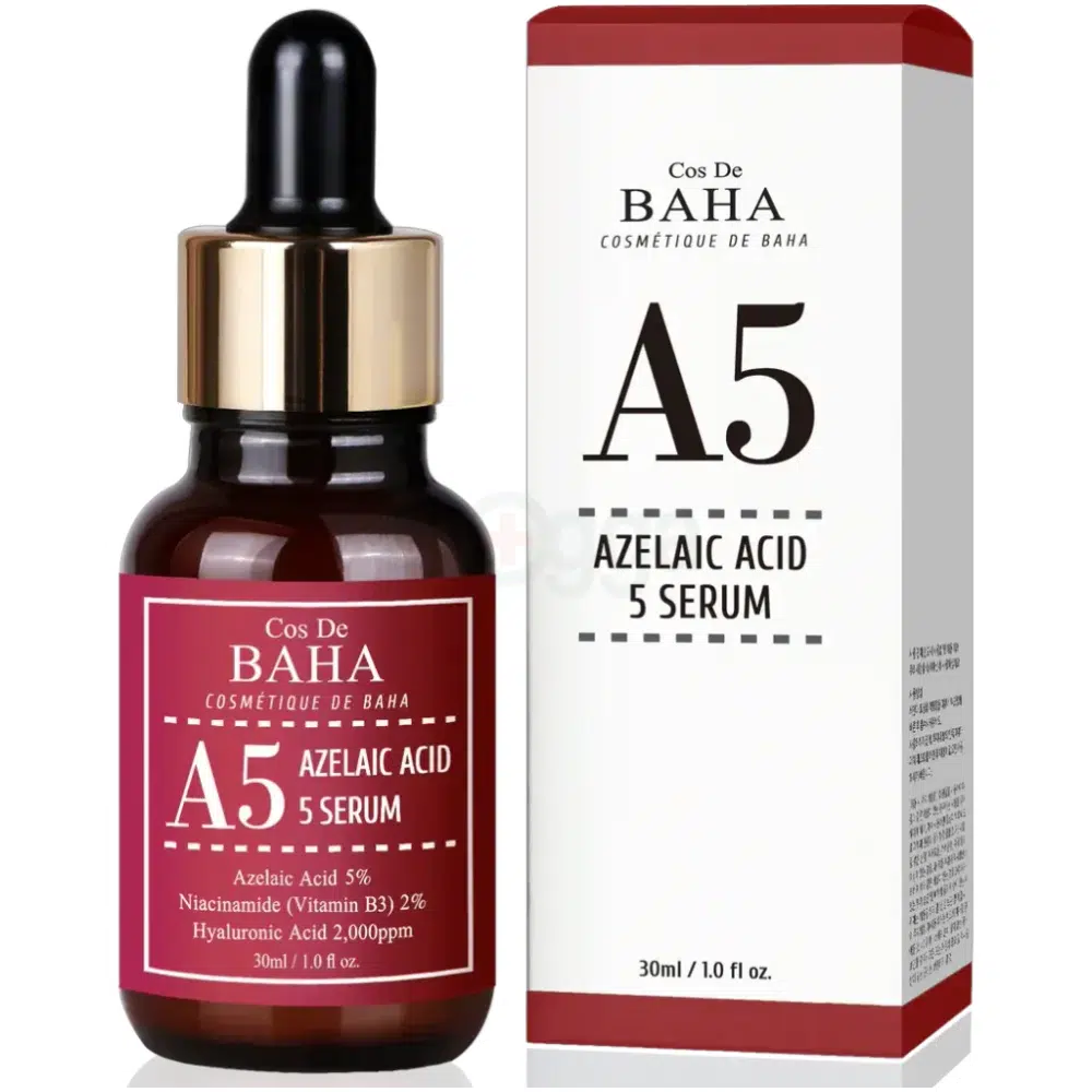 Cos De Baha A5 Azelaic Acid 5 Serum in brown glass dropper bottle with white label.