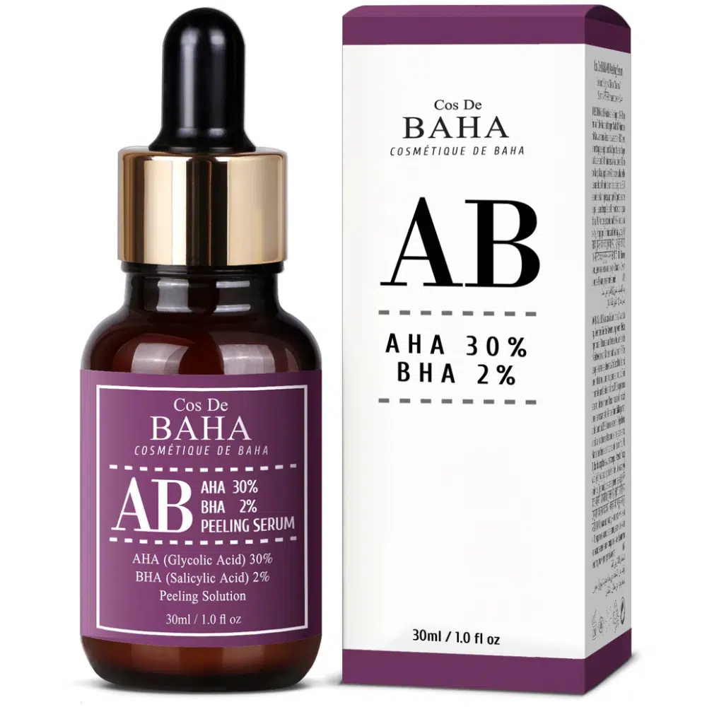 Cos De Baha AB AHA BHA Peeling Serum 30ml in dark amber bottle with white dropper.