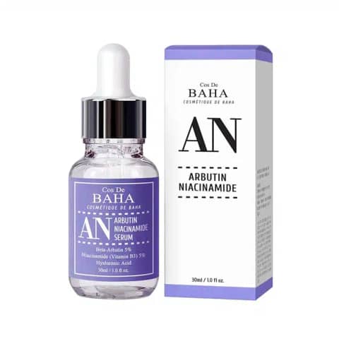 Cos De Baha Arbutin Niacinamide Serum AN 30ml, dark amber glass bottle with black dropper cap.