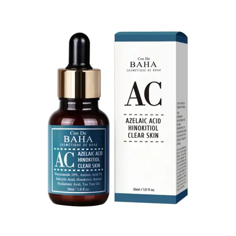 Cos De Baha Azelaic Acid Hinokitiol Clear Skin Serum AC 30ml brown glass dropper bottle, front view. - thumbnail