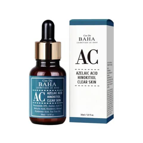 Cos De Baha Azelaic Acid Hinokitiol Clear Skin Serum AC 30ml brown glass dropper bottle, front view.