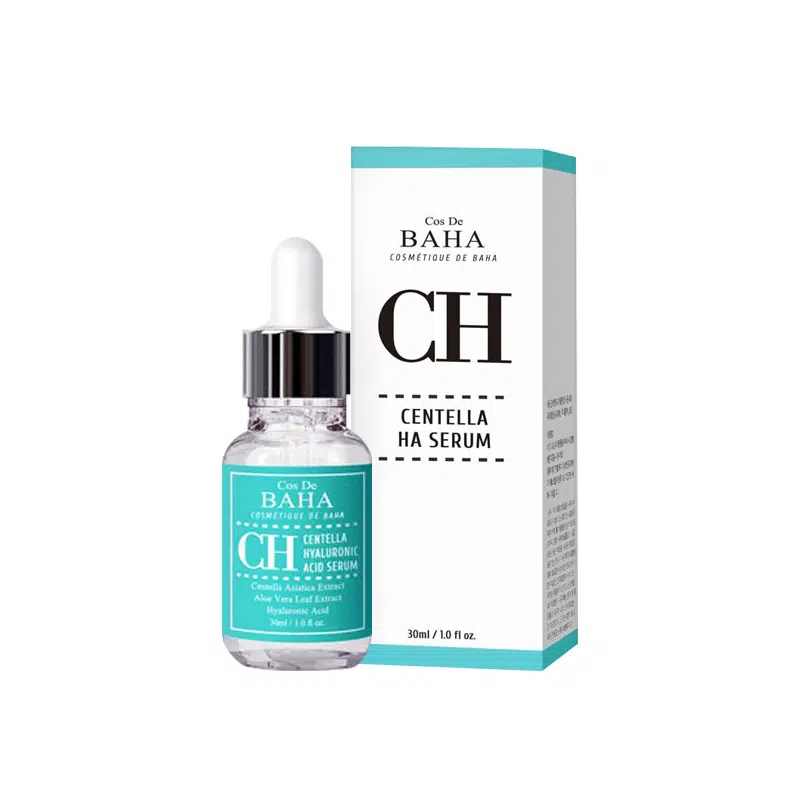 Cos De Baha Centella HA Serum 30ml clear dropper bottle and its white branded box.