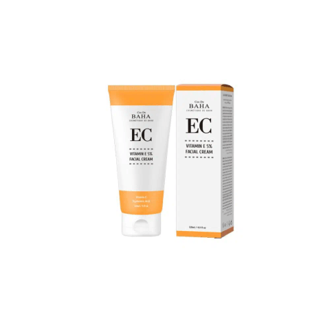 Cos De Baha EC Vitamin E 5% Facial Cream in a white jar with metallic lid.