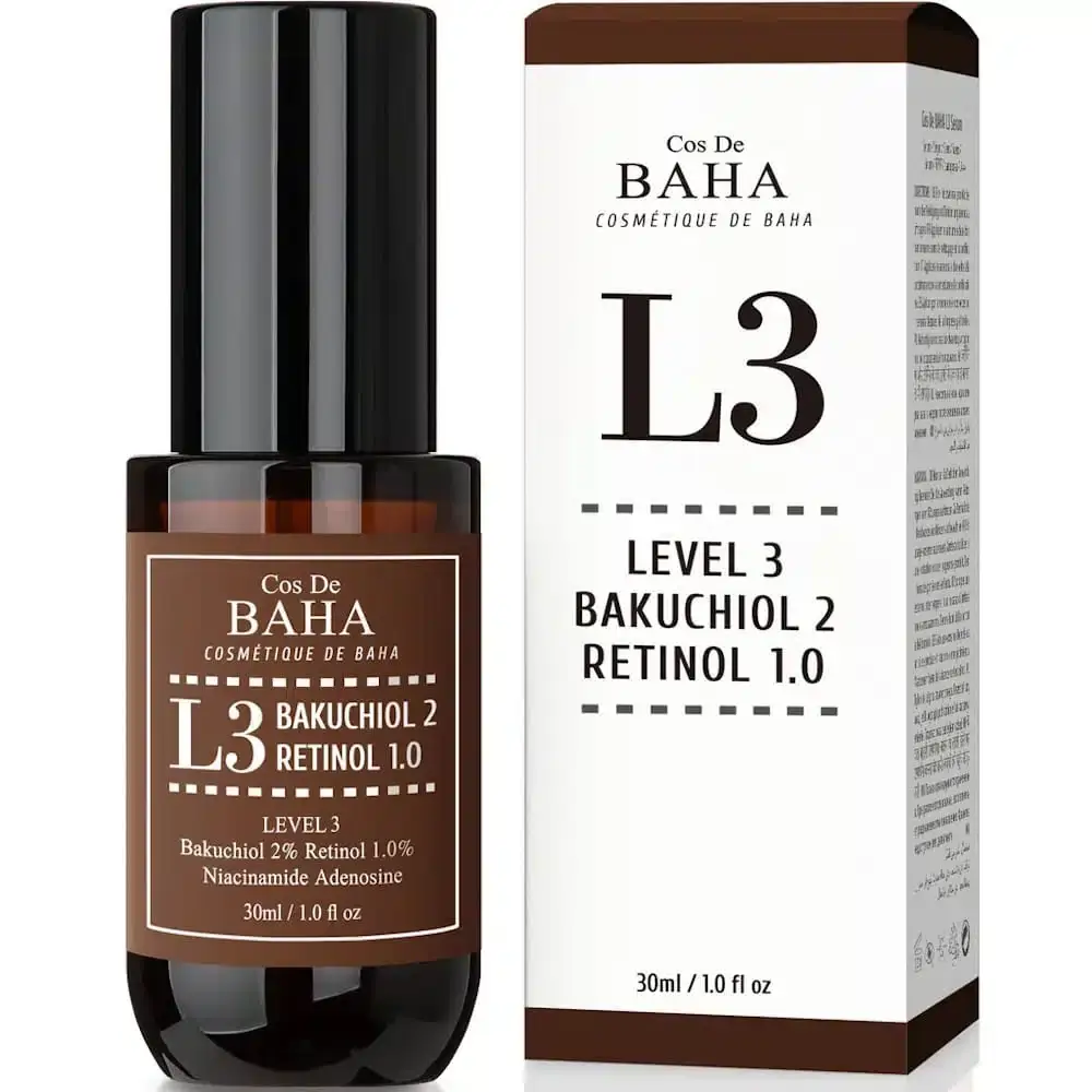 Cos De Baha L3 Bakuchiol Retinol Serum 30ml in a dark amber glass bottle with dropper, front view. - thumbnail