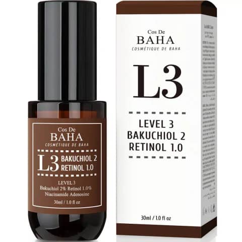 Cos De Baha L3 Bakuchiol Retinol Serum 30ml in a dark amber glass bottle with dropper, front view.