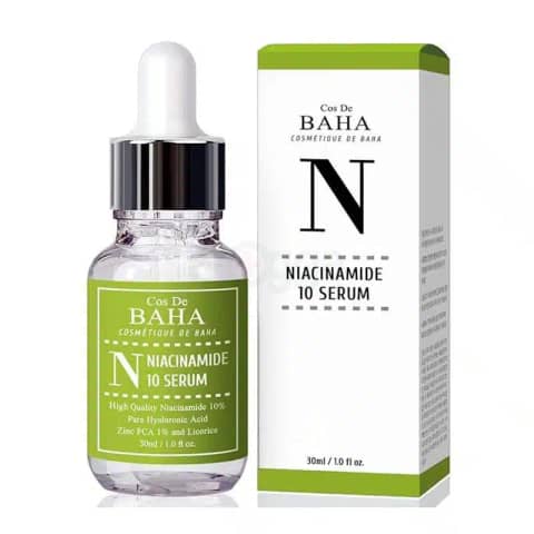 Cos De Baha Niacinamide 10% serum amber glass dropper bottle with a white label.