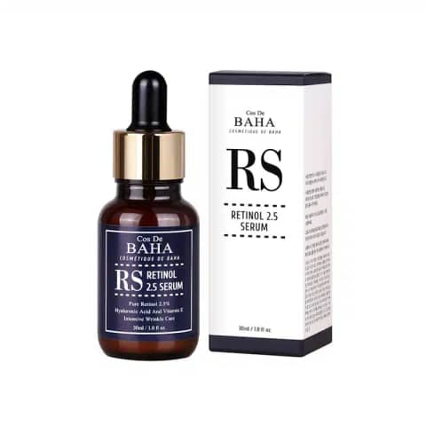 Cos De Baha RS Retinol 2.5 Serum 30ml, amber glass bottle with prominent label and black dropper.