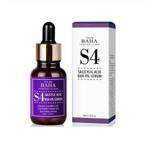 Front view of Cos De Baha Salicylic Acid BHA 4% Serum bottle with dropper, and its white product box.