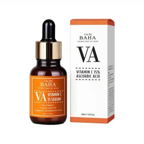 Cos De Baha VA Serum with Vitamin C in a dark amber dropper bottle, angled right.