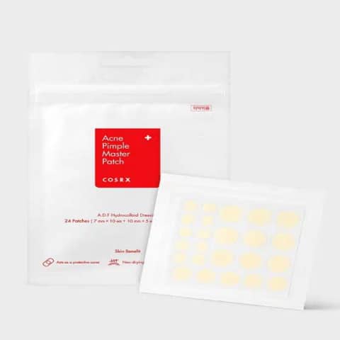 White Cosrx Acne Pimple Master Patch box with 24 patches, angled view showing details.