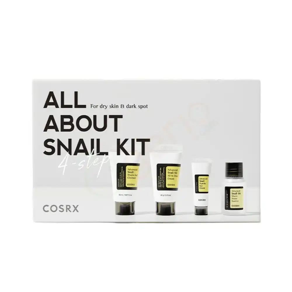 Cosrx All About Snail 4-step kit, displaying all four white and silver skincare products. - thumbnail