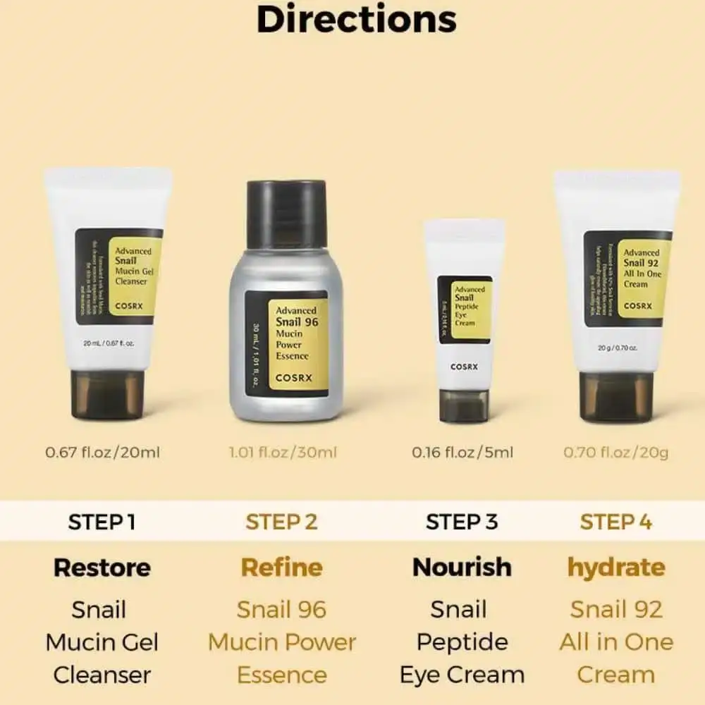 Opened Cosrx All About Snail 4-step kit showcasing the cleanser, toner, essence, cream. - thumbnail