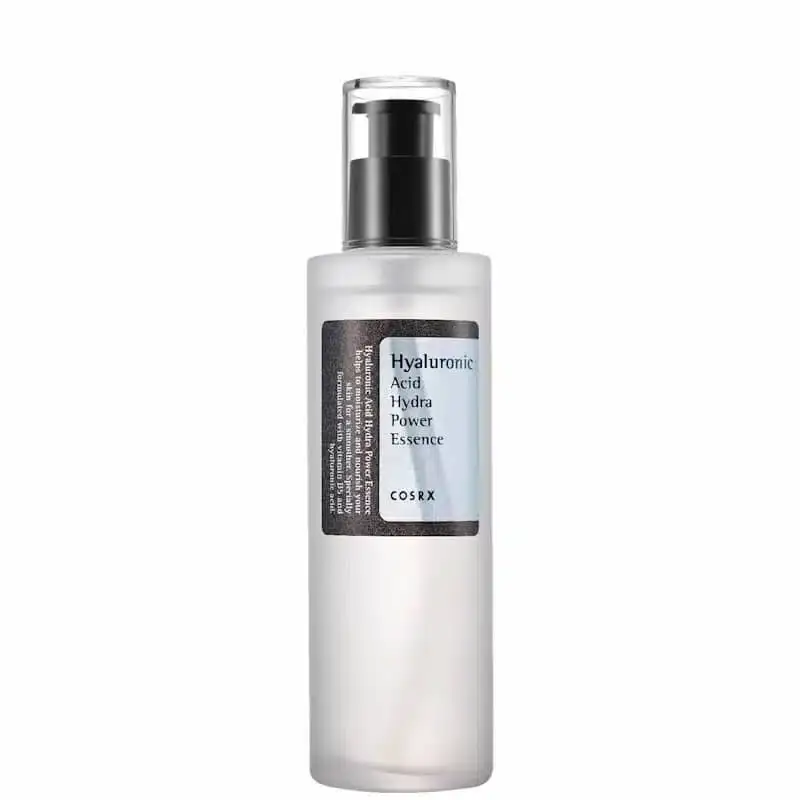 Cosrx Hyaluronic Acid Hydra Power Essence 100ml clear bottle with white pump standing upright. - thumbnail
