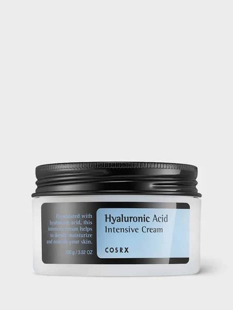 Cosrx Hyaluronic Acid Intensive Cream in its white jar, angled view, showing brand and product details.