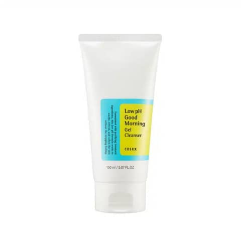 COSRX Low Ph Good Morning Gel Cleanser 150ml tube, tan packaging, standing upright on white background.