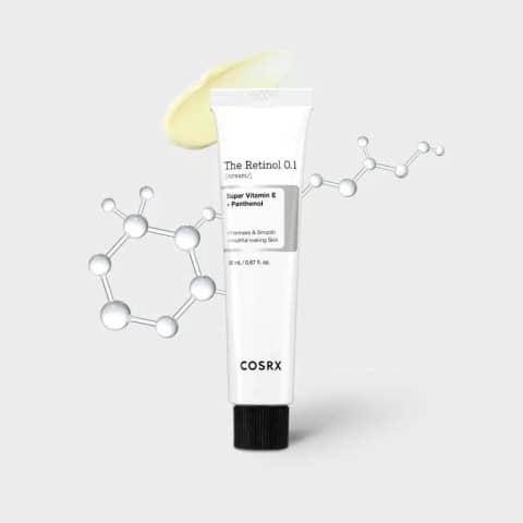 Cosrx The Retinol 0.1 Cream 20ml, white tube with vibrant orange cap, standing upright.