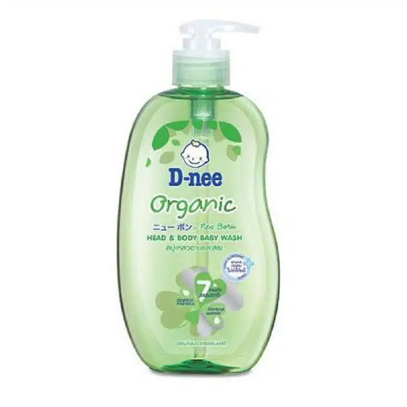 D Nee New Born Organic Shower Gel 380ml in a translucent blue bottle, white pump. - thumbnail
