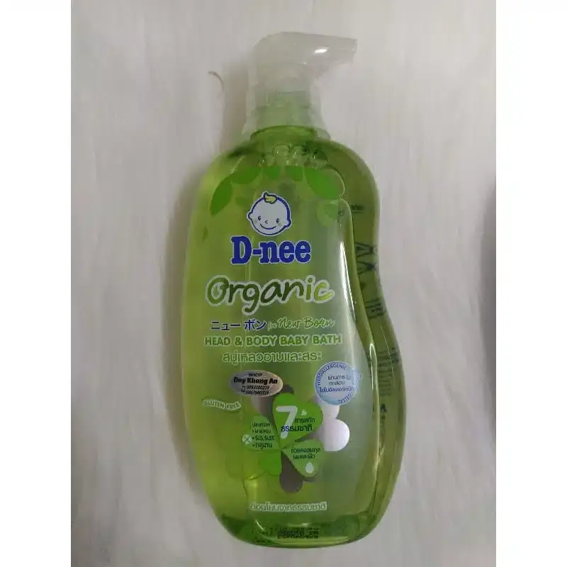 Angled D Nee New Born Organic Shower Gel 380ml bottle, highlighting the white pump dispenser. - thumbnail