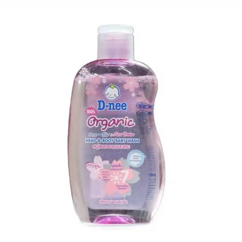 Front view of D Nee New Born Sakura Shower Gel 200ml in white pump bottle with pink floral label.