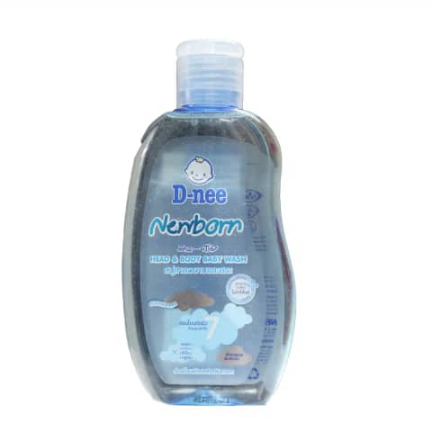 D Nee New Born Shower Gel 200ml, white bottle with light blue label and baby icon.