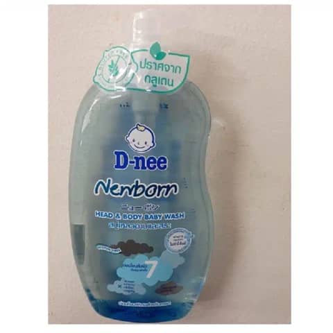 D Nee New Born shower gel 380ml, white bottle, blue pump, featuring a gentle baby graphic.