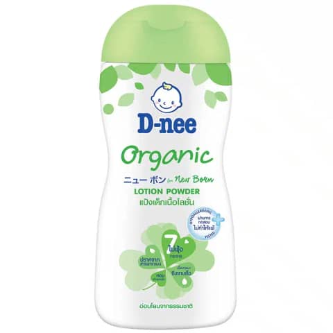 D Nee Organic New Born Lotion Powder 180ml bottle, featuring pump dispenser and organic leaf design.