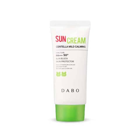 Dabo Centella Mild Calming Sun Cream tube SPF 50+ PA+++, white packaging with green cap.