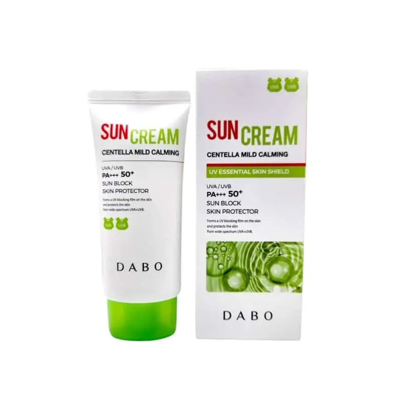 White Dabo sun cream tube with green cap, alongside a swatch of the creamy texture. - thumbnail