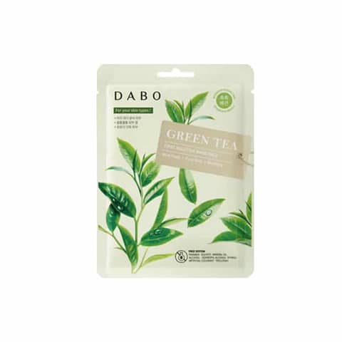 Front view of Dabo Green Tea Sheet Mask sachet, vibrant green packaging with refreshing tea leaf design.