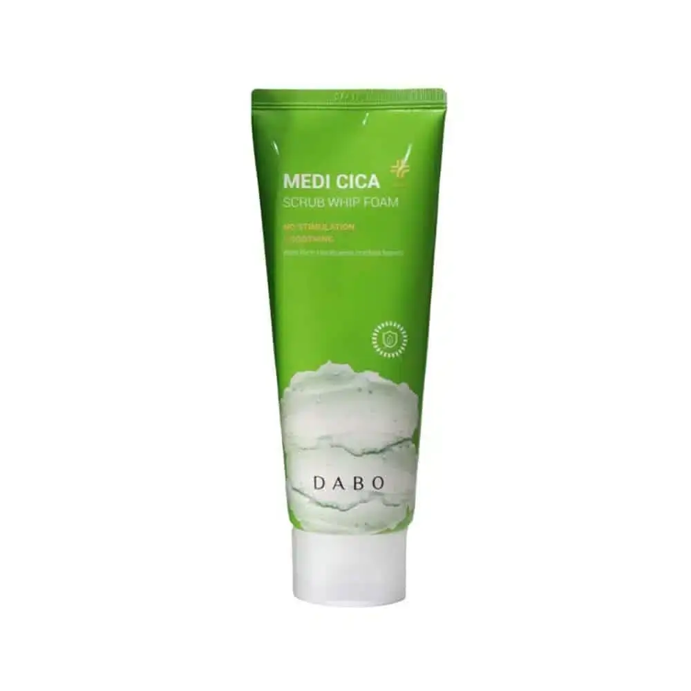 Front view of Dabo Medi Cica Scrub Whip Foam 150ml, white and green tube, prominent branding. - thumbnail
