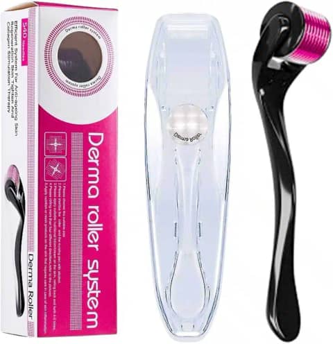 Derma Roller System 540 needles 0.50mm in clear packaging, displaying white handle and black roller.