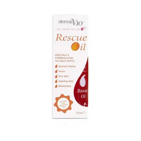Dermav10 Rescue Oil 75ml in a clear pump bottle, golden liquid, white background.
