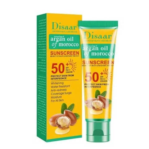 Disaar Argan Oil of Morocco sunscreen 50g tube, white packaging, gold cap, front view.