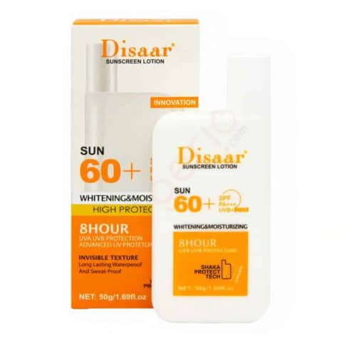 Disaar Sunscreen Lotion tube, 50G SPF PA+++, white packaging with blue text, standing upright, slightly angled.