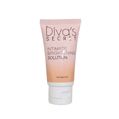 Divas Secret Intimate Brightening Solution 20ml white bottle with gold pump, front view.