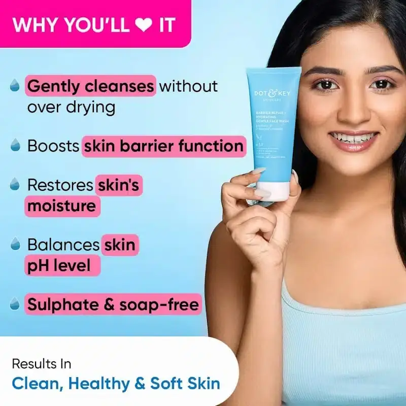 Dot & Key Barrier Repair Gentle Hydrating Face Wash 100ml bottle resting horizontally, showcasing pump. - thumbnail