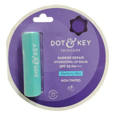 Dot & Key Blueberry Bliss SPF 50+ hydrating lip balm in white tube with light blue cap.