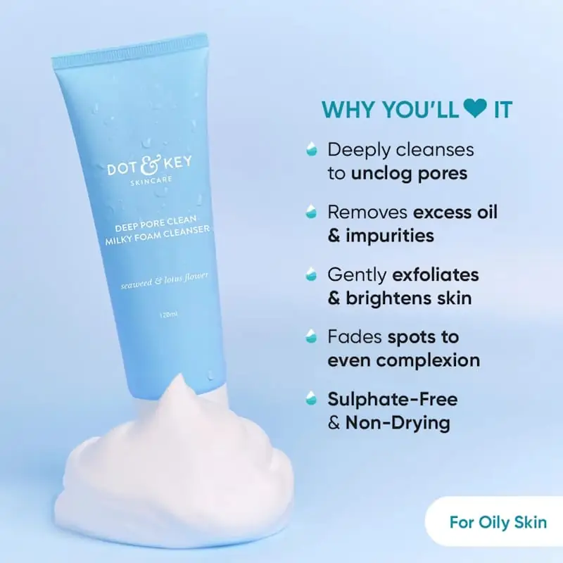 Close-up side view of the Dot & Key Deep Pore Clean Milky Foam Cleanser bottle. - thumbnail