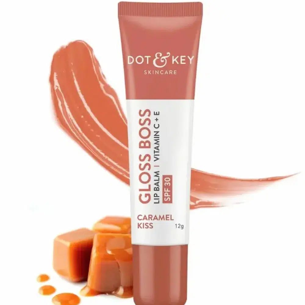 Dot & Key Gloss Boss Lip Balm SPF 30, white tube, caramel cap, with Vitamin C+E.