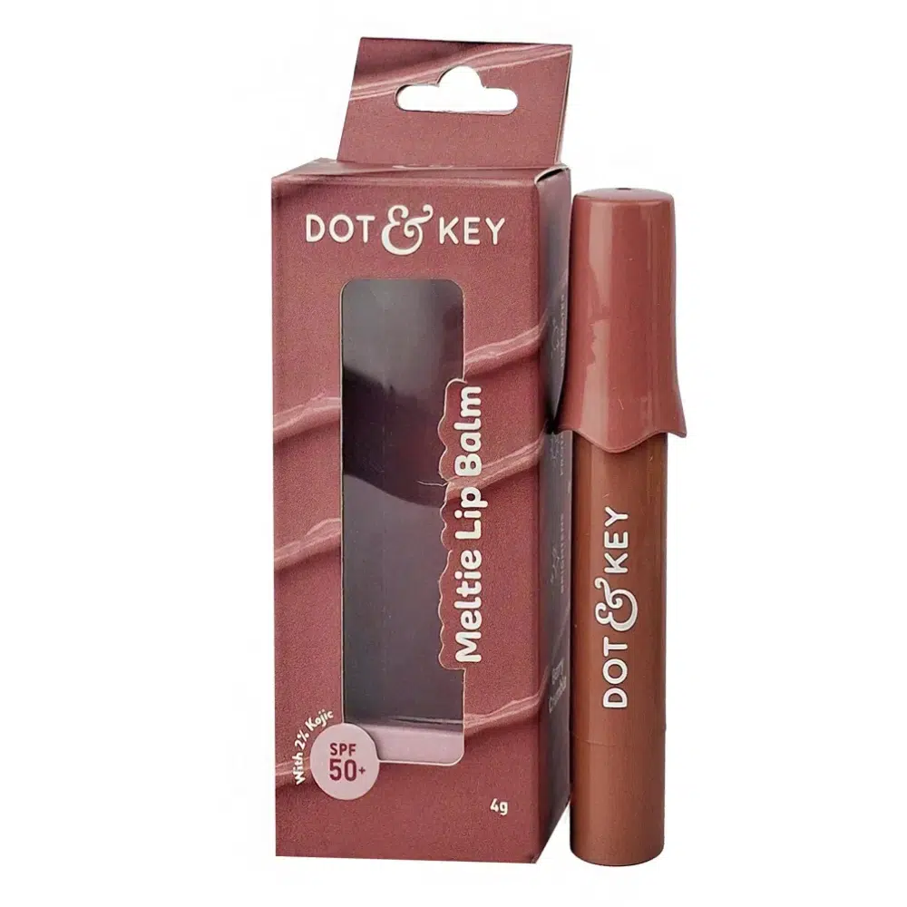 Dot & Key Meltie Lip Balm SPF 50+ Berry Crumble in a pink tube, angled on white.
