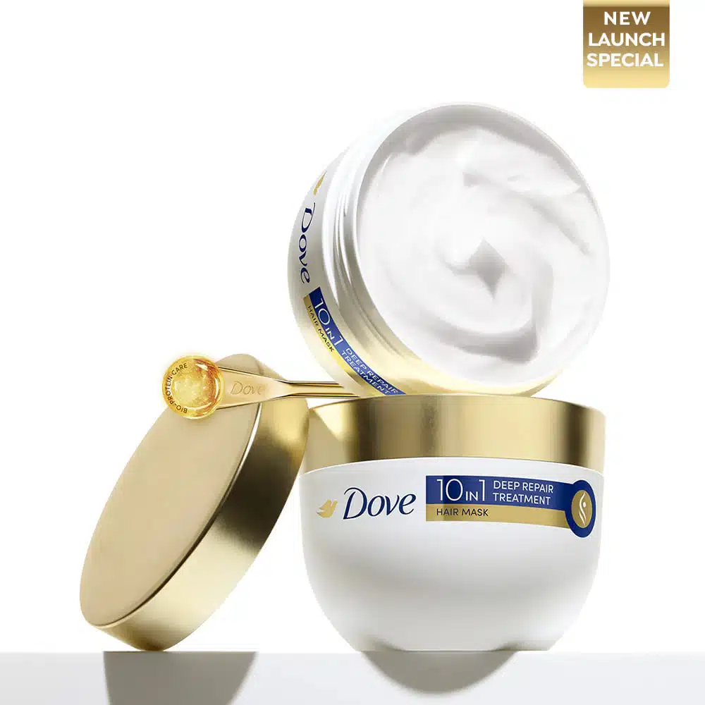 Dove Deep Repair Treatment Hair Mask, white jar, angled view showing blue lid and side label. - thumbnail