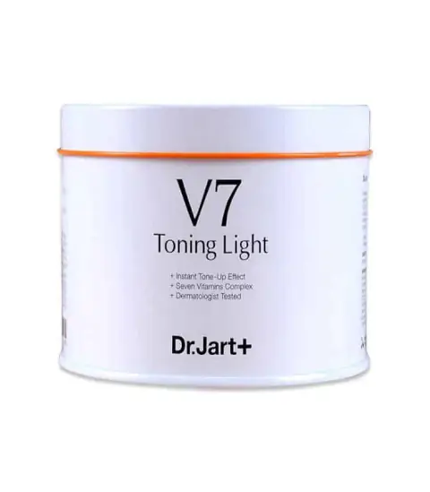 Dr. Jart+ V7 Toning Light cream jar, white with vibrant orange cap, standing upright.