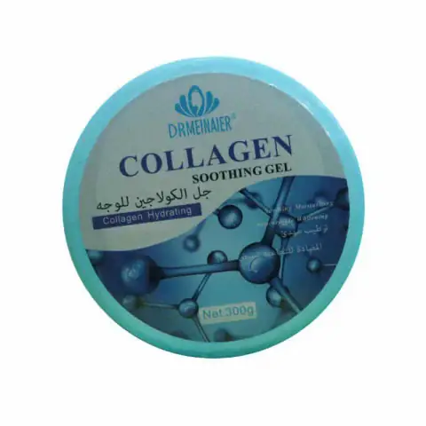 Upright Dr Meinaier Collagen Soothing GEL in a clear jar with a metallic gold lid.