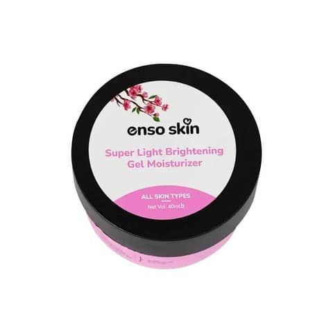 Enso Skin Super Light Brightening Gel Moisturizer 40ml in clear jar, showing translucent gel.