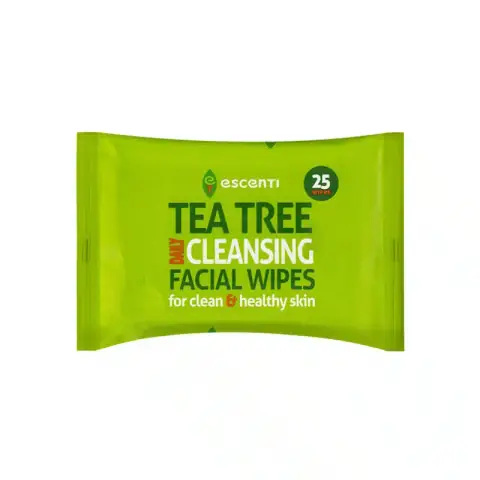 Escenti Tea Tree Facial Wipes cleansing 25pcs pack, shown from the front with a green seal.