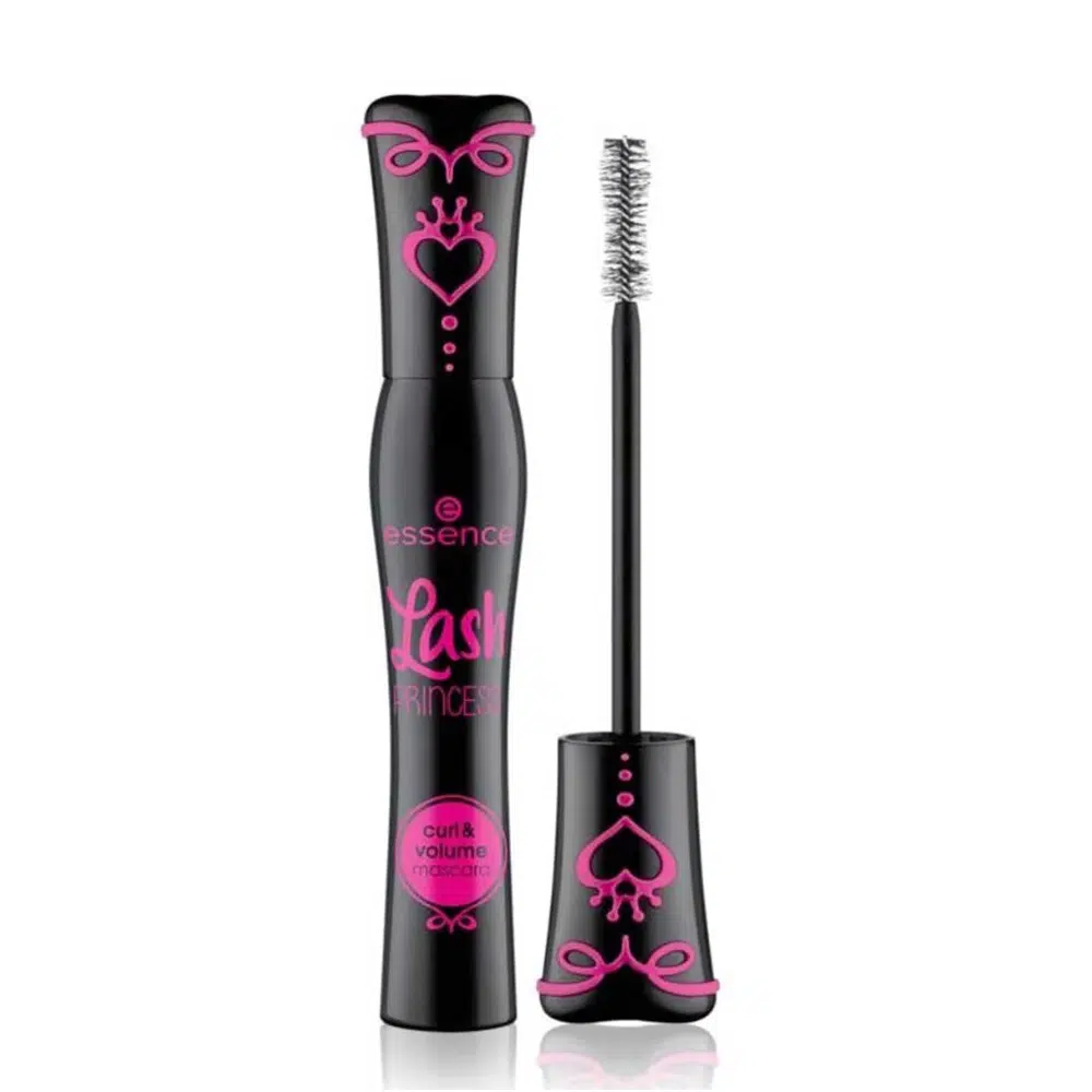 Essence Lash Princess Curl & Volume mascara in black tube with green crown design, front view.