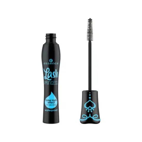 Essence Lash Princess waterproof mascara, black tube with green crown logo, upright on white background.